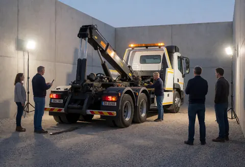 A tow truck with its boom raised stands in a concrete lot, surrounded by workers observing under portable lighting.