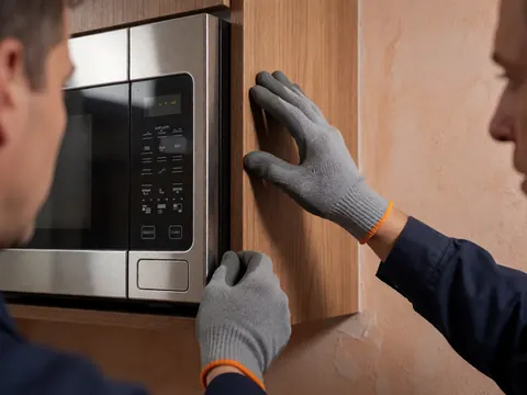 Technician adjusting the ventilation gap between a microwave and a wooden cabinet in a kitchen with terracotta plaster walls.