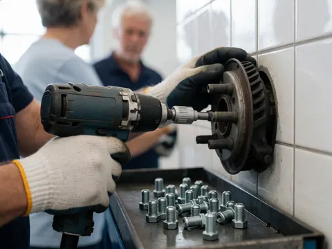 Gloved hands using an impact wrench on a tire with screws in a magnetic tray against a white tiled wall in a repair shop
