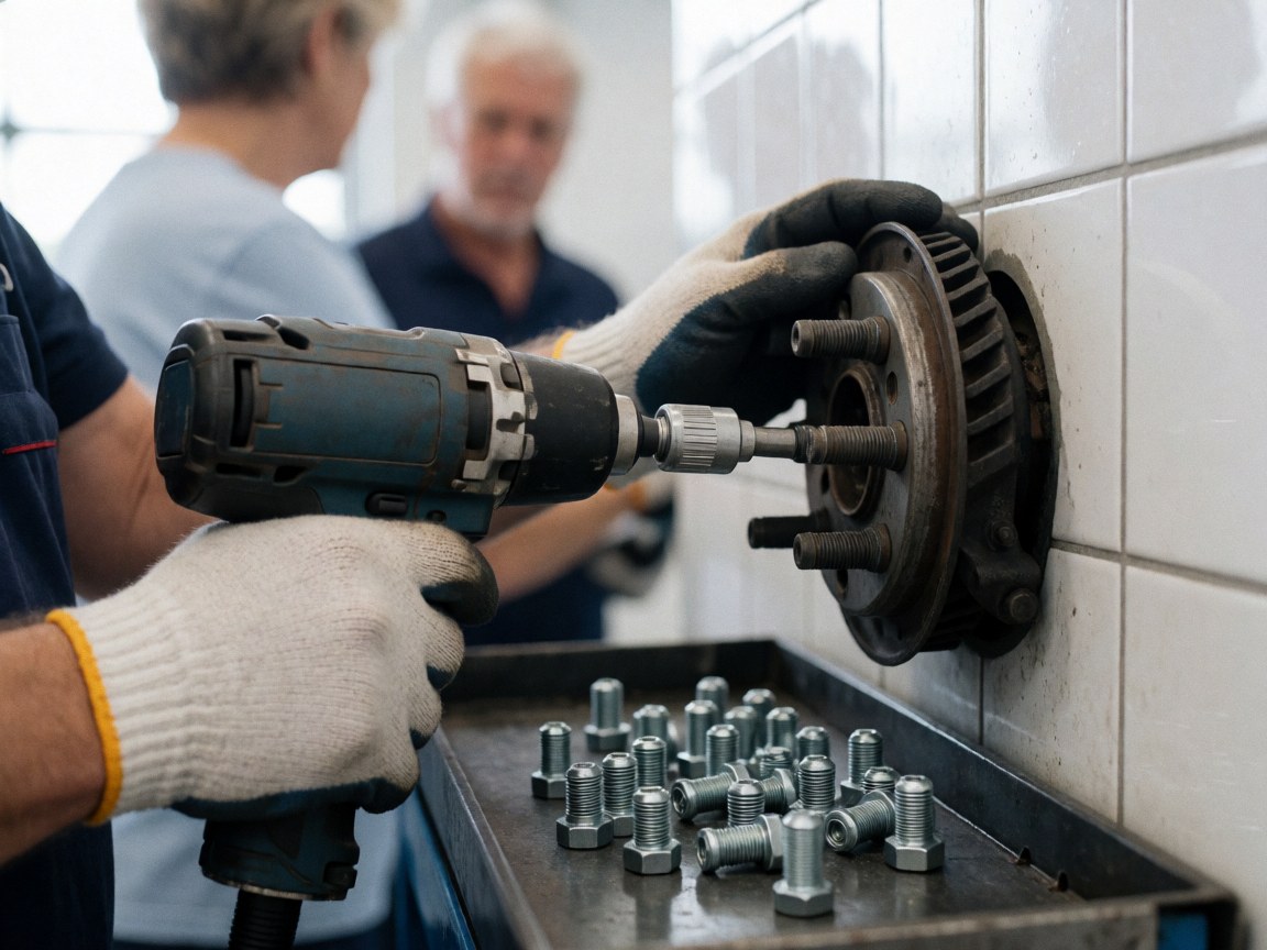 Gloved hands using an impact wrench on a tire with screws in a magnetic tray against a white tiled wall in a repair shop