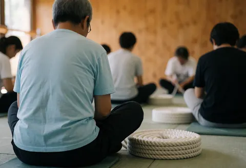 Adult sitting on mats with coiled rope during indoor climbing class with wooden walls