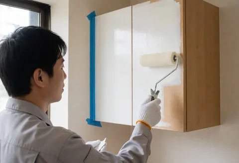 Kitchen installer painting a cabinet door white with a roller, using blue tape to protect the wall.