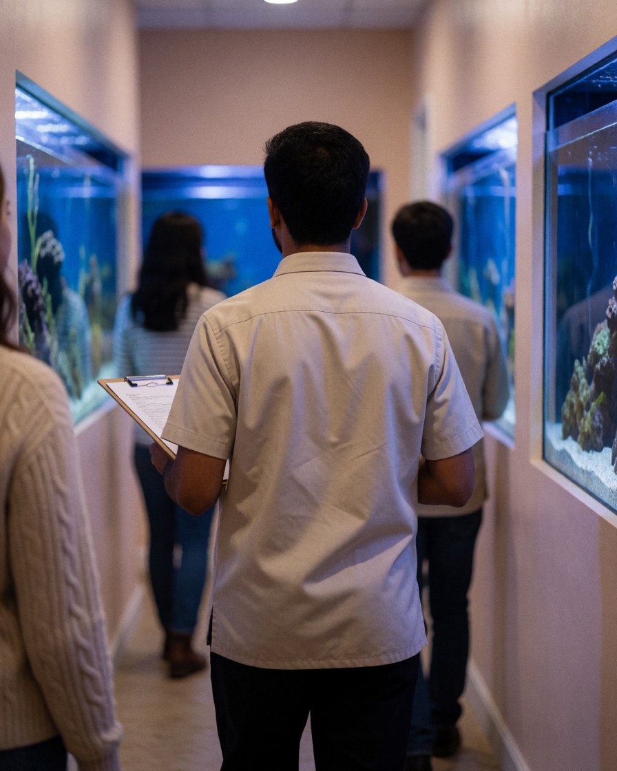 Staff member with a portfolio inspecting large aquarium tanks in a hallway with blue lighting and beige walls