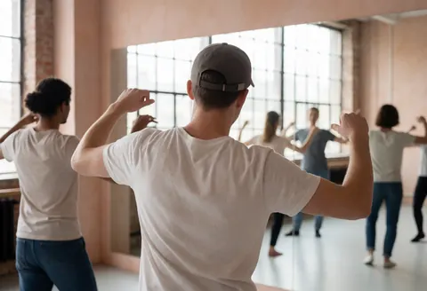 Dance student wearing a cap looking at a mirror in a modern studio with industrial windows and light walls.