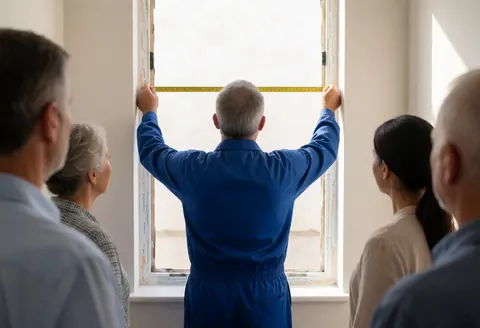 Technician in blue uniform measuring a window with a yellow tape measure while clients observe the work in a naturally lit room.