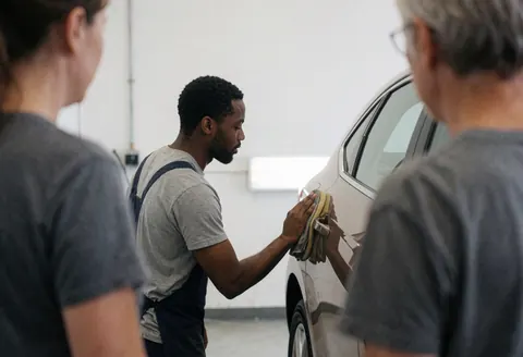 A worker polishing a white car with a cloth in a workshop with white walls, showing the vehicle washing service in action.