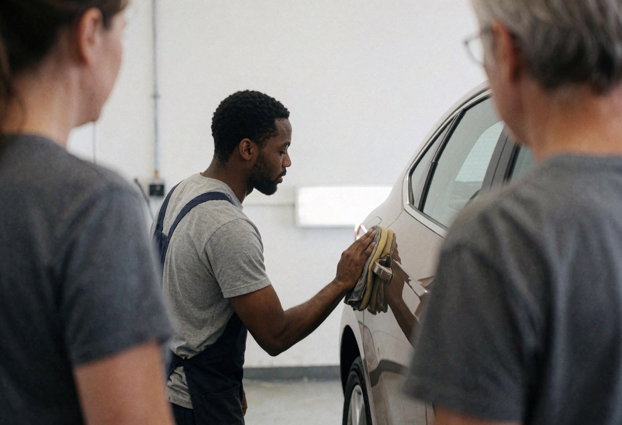 A worker polishing a white car with a cloth in a workshop with white walls, showing the vehicle washing service in action.