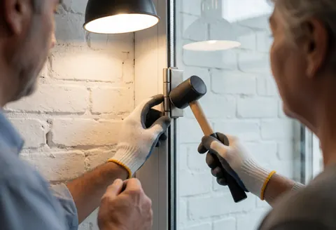 Technician wearing gloves uses a hammer to adjust a metal hinge on a glass door near a white brick wall under work light