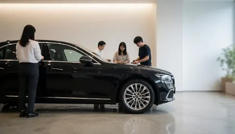 A black sedan is displayed in a bright car dealership showroom with polished floors and white walls.
