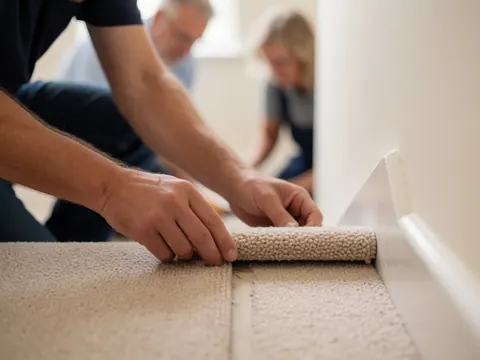 Close-up of hands installing a carpet runner along the edge of a staircase with white walls and tools visible nearby
