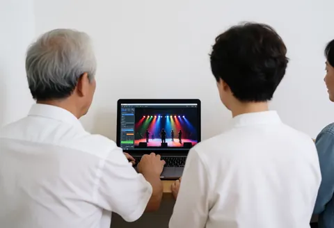 Three individuals observe technical audio work being performed on a stage equipped with colorful lighting in an entertainment center.