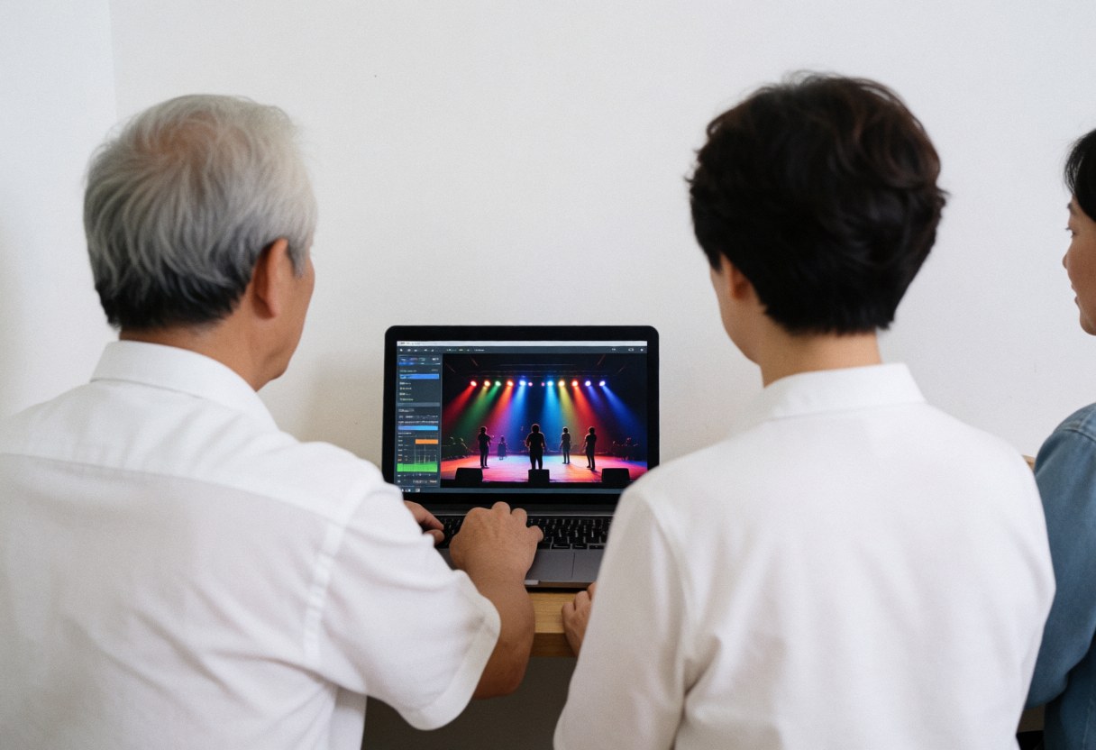 Three individuals observe technical audio work being performed on a stage equipped with colorful lighting in an entertainment center.