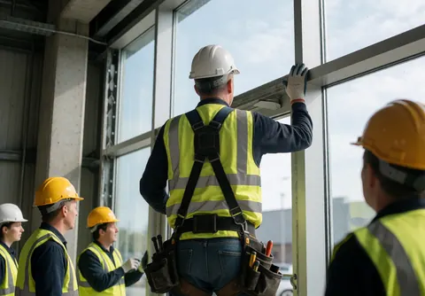 Worker in safety gear installing a glass frame on a building while other workers observe the process.