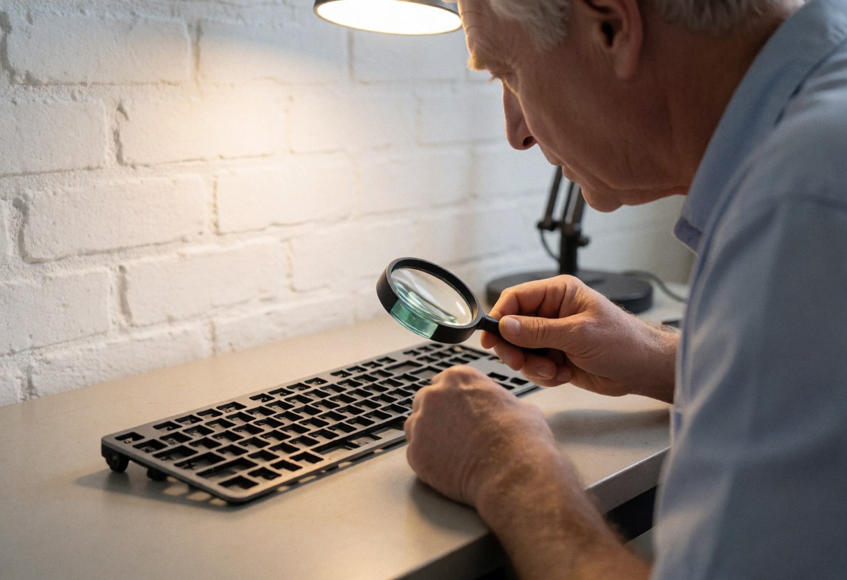Close-up of a technician using a magnifying glass to inspect a disassembled computer keyboard on a desk with a white brick wall background.