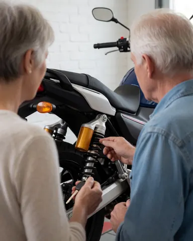 Mechanic explaining rear suspension repair to a customer holding keys in a workshop with a white brick wall.