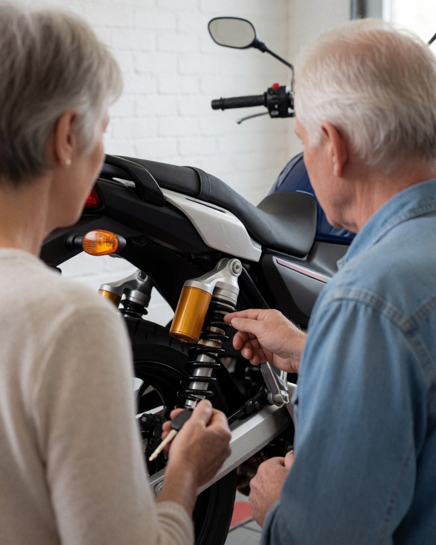 Mechanic explaining rear suspension repair to a customer holding keys in a workshop with a white brick wall.
