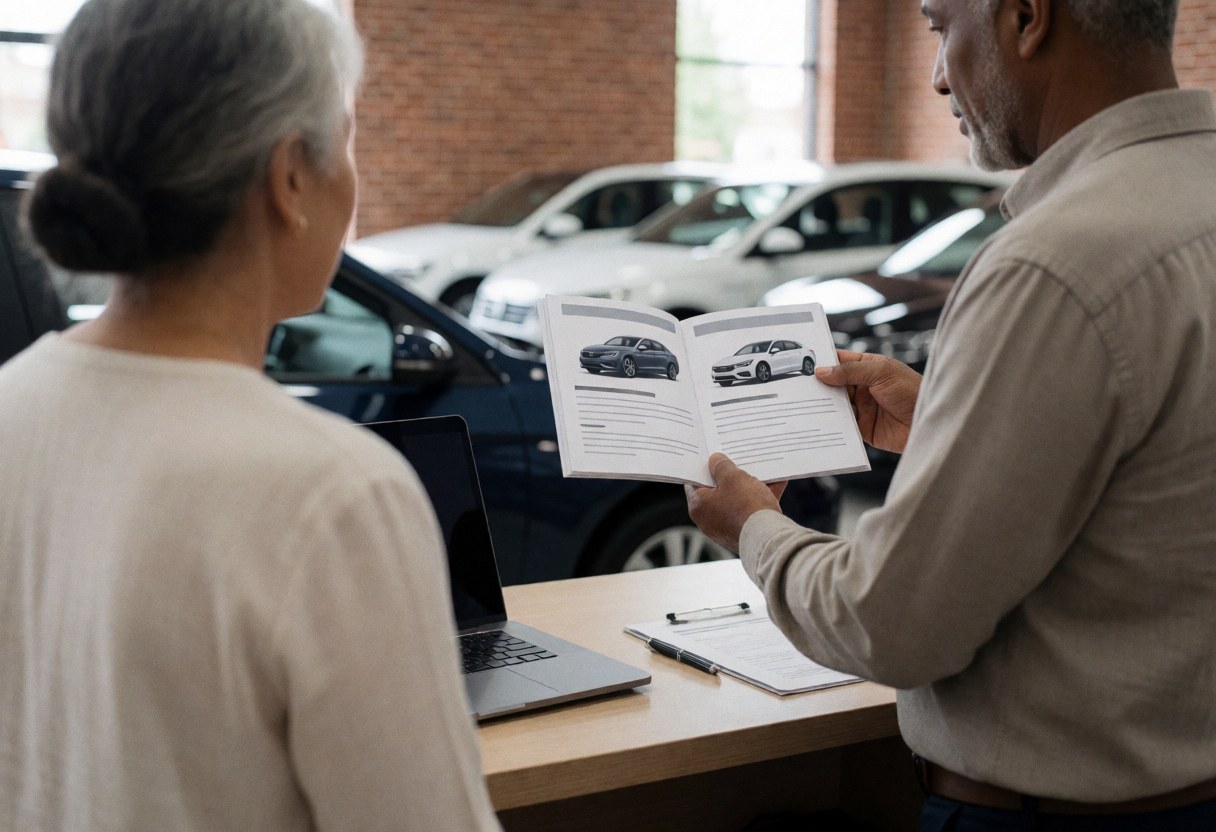 Car dealer presenting vehicle options to a client using a laptop in a showroom with displayed cars.