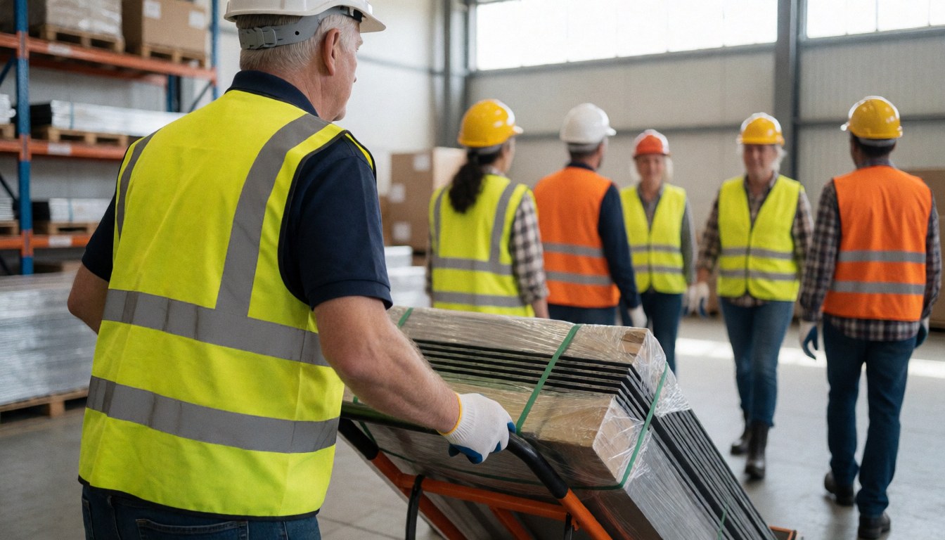 A worker pushes a cart loaded with metal plates in a warehouse while other workers observe in the background
