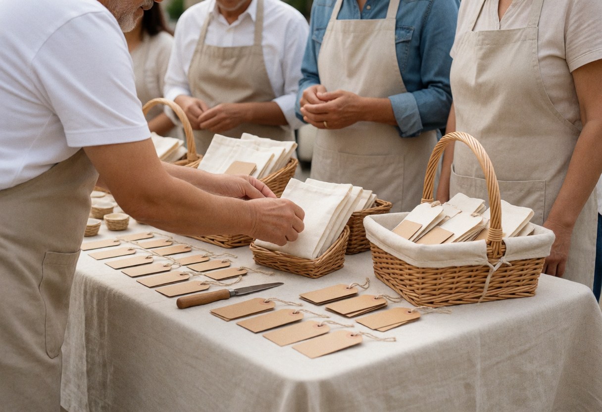 A vendor arranging handmade goods in wicker baskets with paper tags at an outdoor market