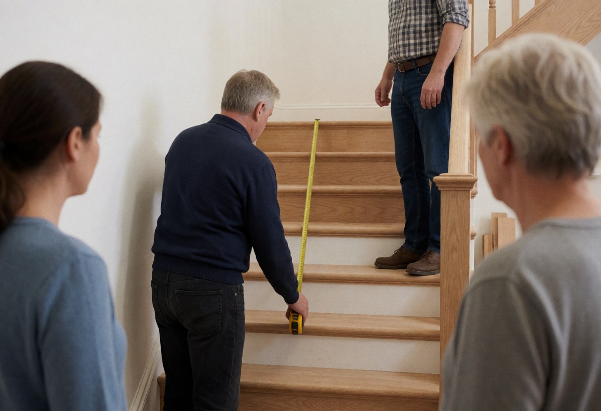 A professional upholsterer measures a wooden ladder with a tape measure in a home interior while clients observe.