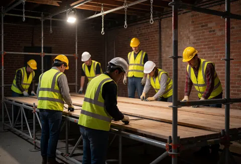 Workers wearing helmets and vests place wooden planks on metal scaffolding in a brick-walled entertainment center.