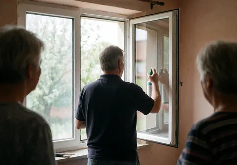 A glass installer applies lubricant to a window frame while two people observe in a room with light walls and natural light.