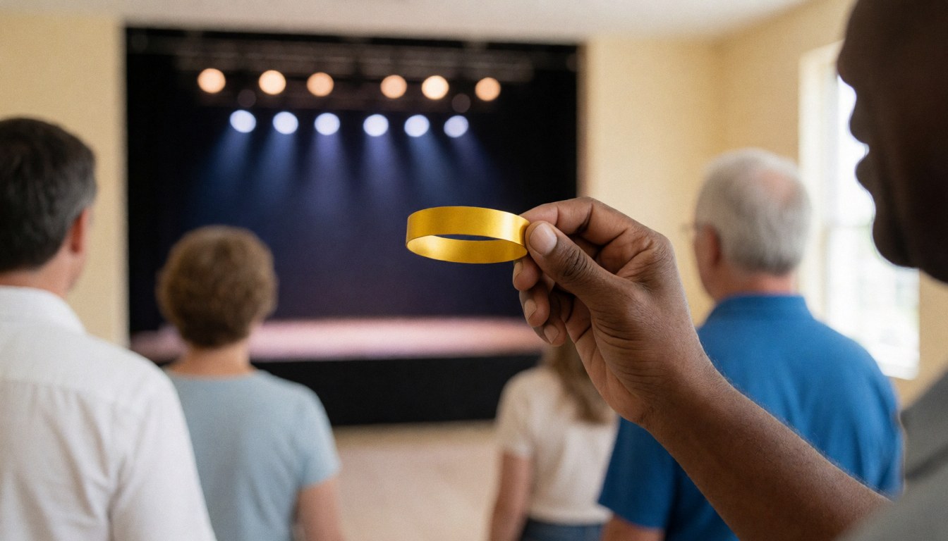 Close-up of a hand holding a golden VIP wristband with a lit stage and audience in the background