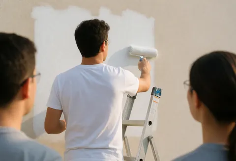A painter applies a coat of white primer to an exterior wall while two people observe from behind under natural daylight.