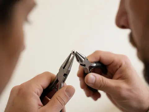 Close-up of hands using pliers to adjust a micro-ring hair extension against a white background