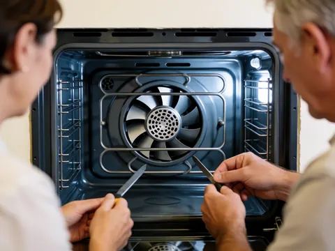 Technician inspecting convection oven fan with tools, painted walls, stove repair service