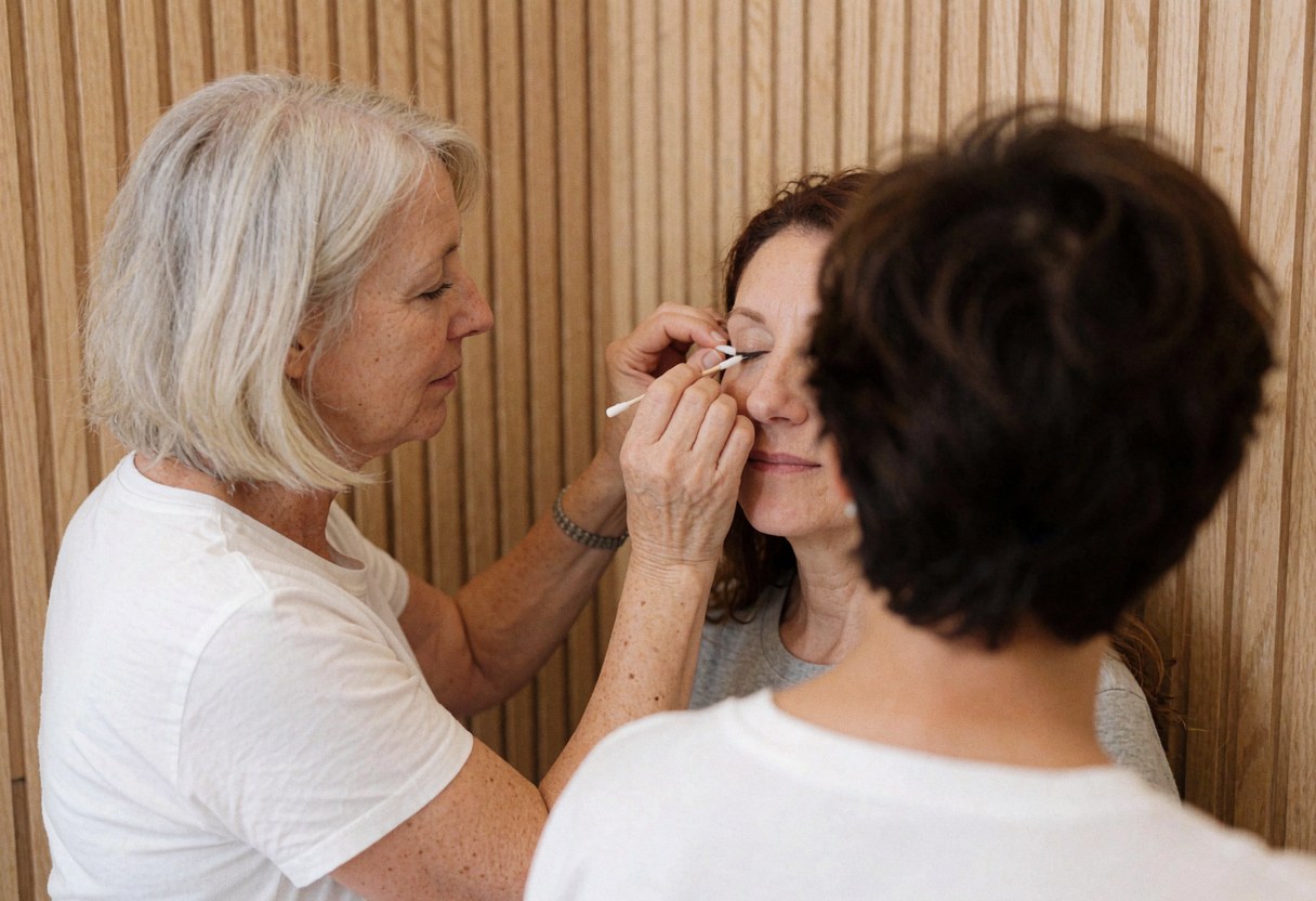 Close-up of a professional lash technician applying eyelash extension product to a client in a studio with wood walls