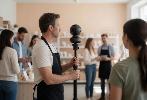 Photographer holding a 360 degree camera on a monopod inside a retail space with beige walls and customers in the background