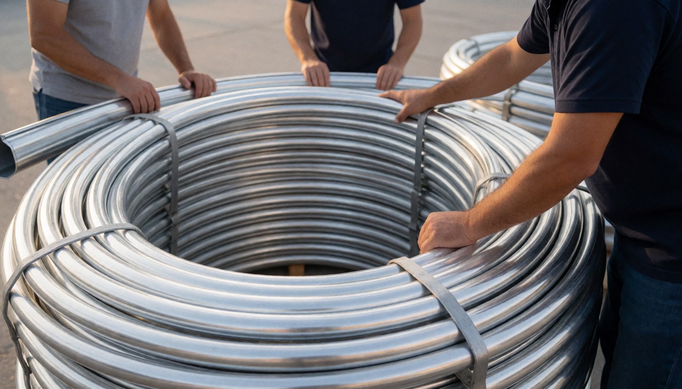 Workers carrying aluminum pipes outdoors for roof repair