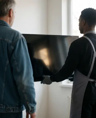 Technician in apron hands a 55-inch TV to a client in a bright room with white walls.