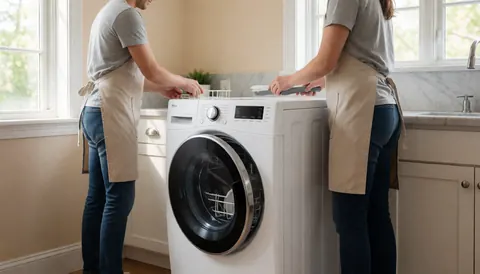 Two technicians in aprons fix a white washing machine in a modern kitchen with marble countertops and natural light.