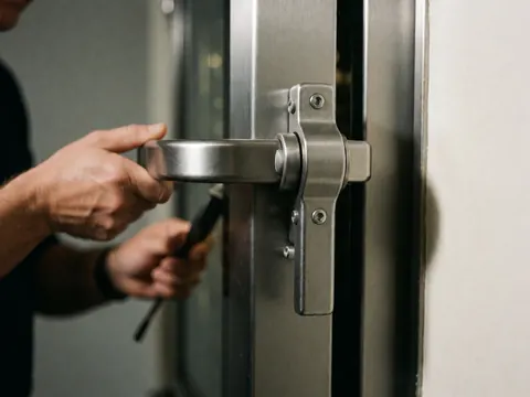Close-up of a locksmith using a tool to adjust a stainless steel lock mechanism on a commercial door, highlighting security details against a neutral background.