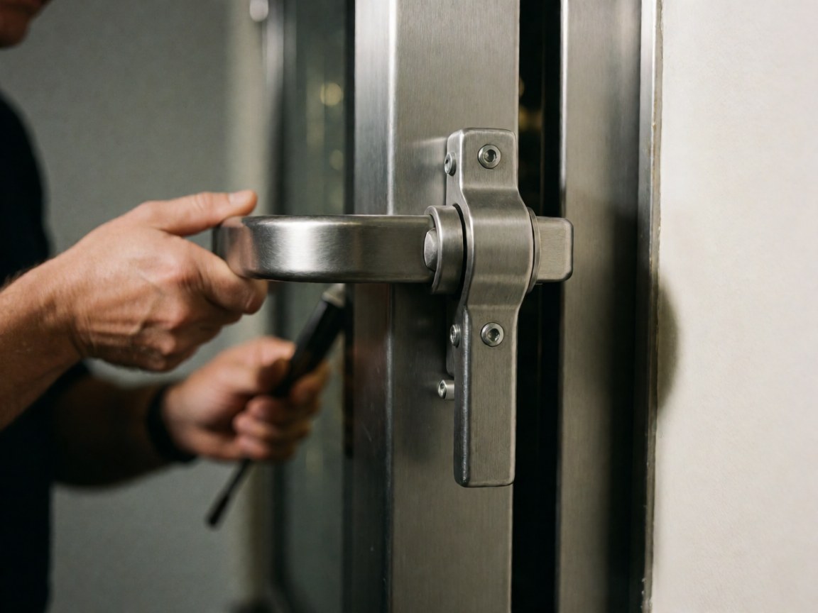 Close-up of a locksmith using a tool to adjust a stainless steel lock mechanism on a commercial door, highlighting security details against a neutral background.