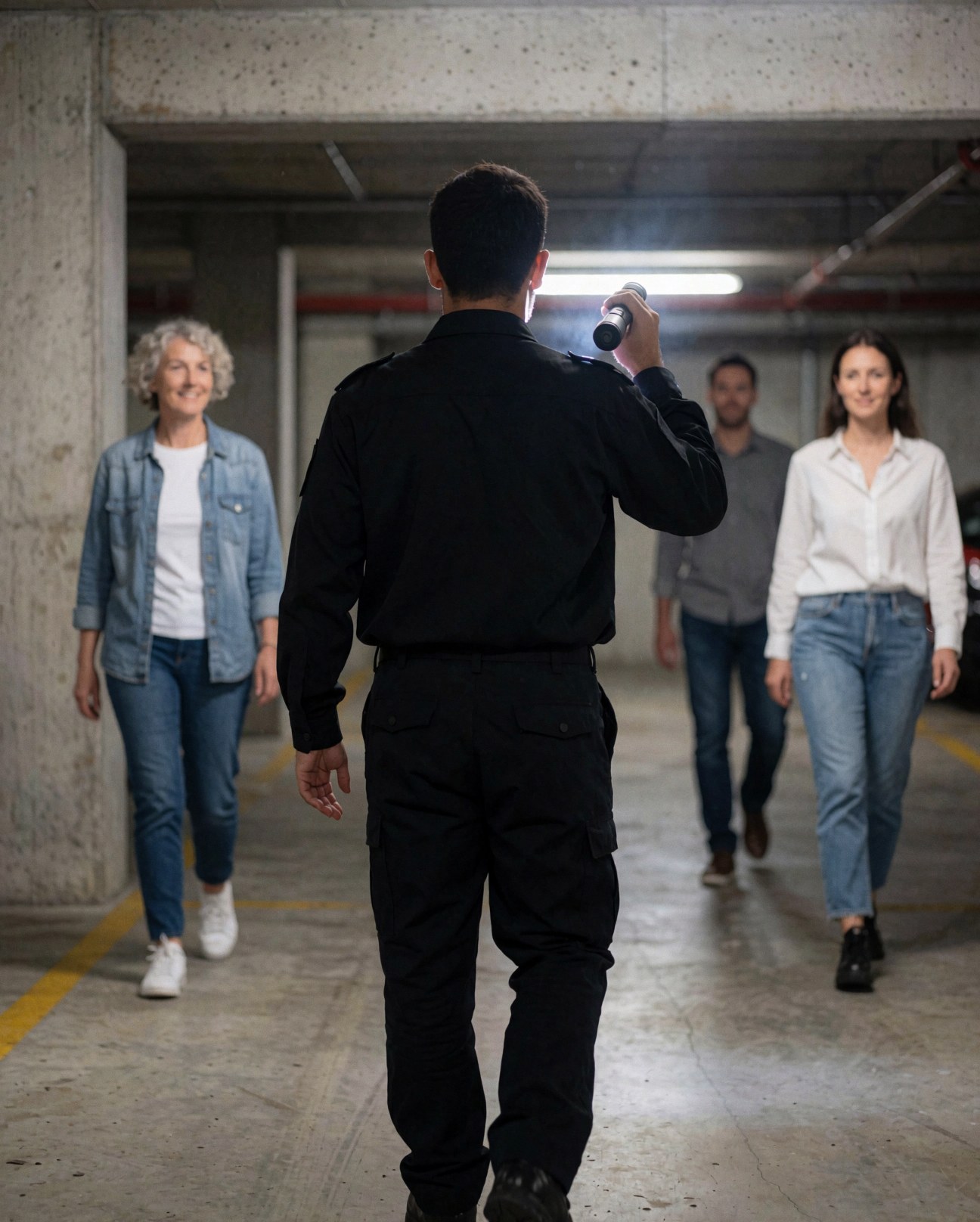 Security guard walking through an underground parking garage holding a flashlight while other people walk in the background