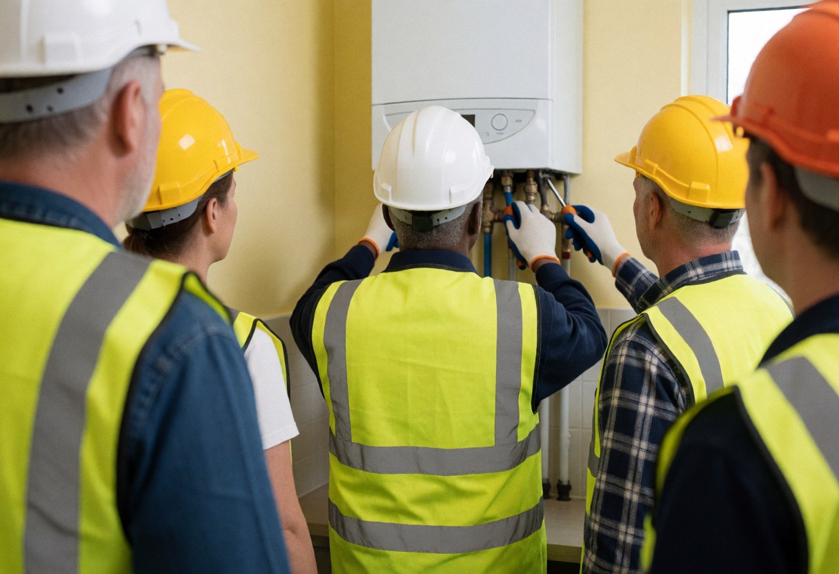 Technician adjusting white boiler pipes in a room with yellow walls