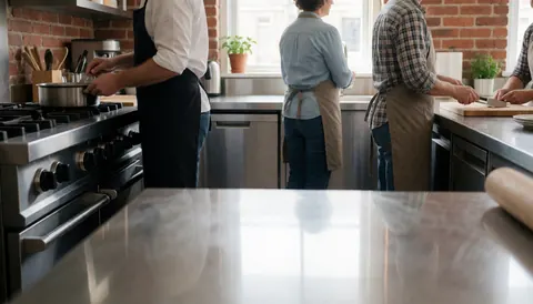 Industrial kitchen featuring exposed brick walls, stainless steel countertops, and cooking equipment in a professional culinary setting