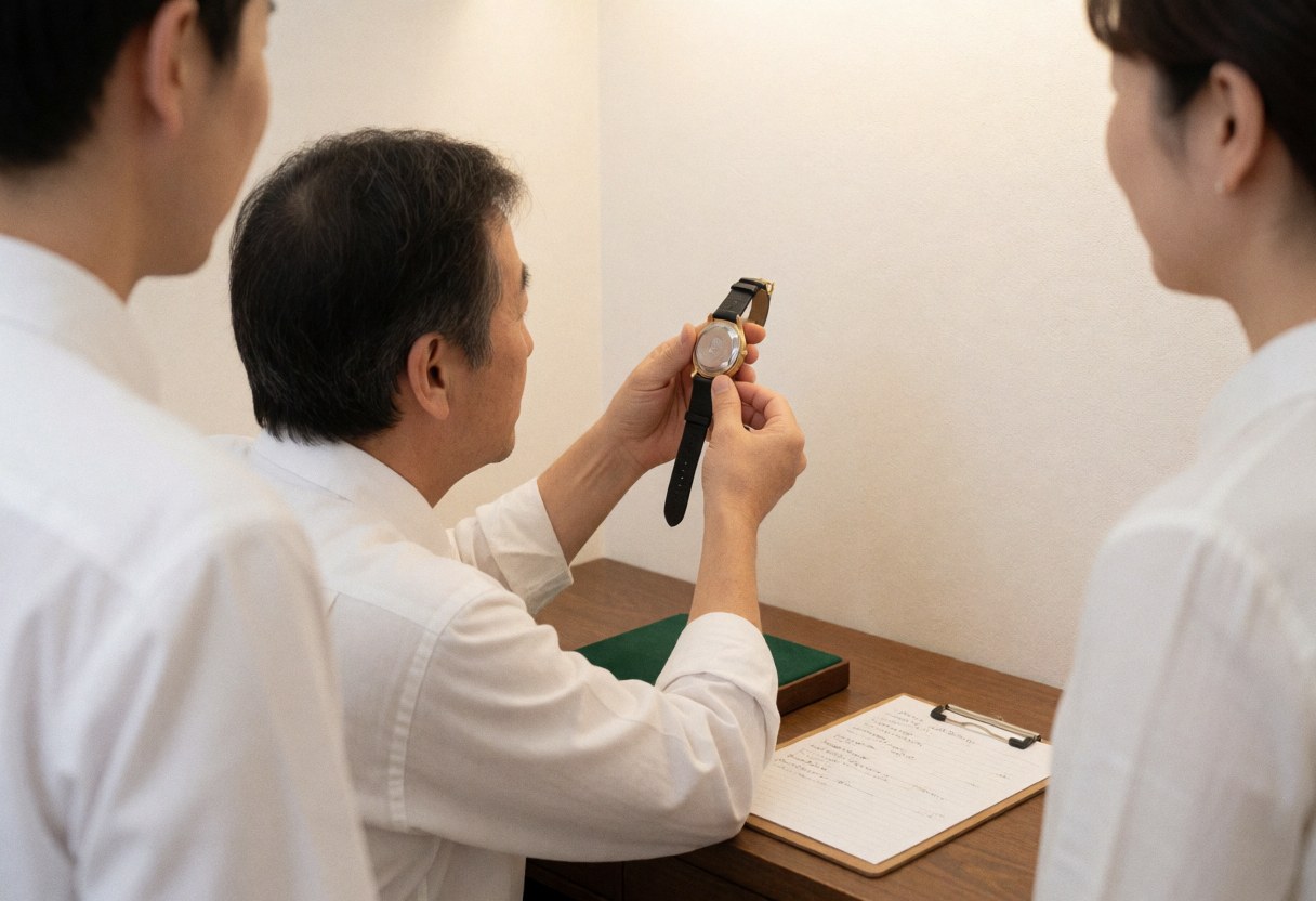 Watchmaker examining a wristwatch under natural light in a workshop with a notebook and white walls