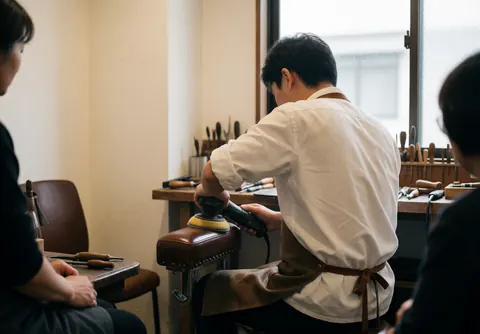 Upholsterer buffing a leather seat with an electric tool in a workshop with warm white walls and tools on shelves