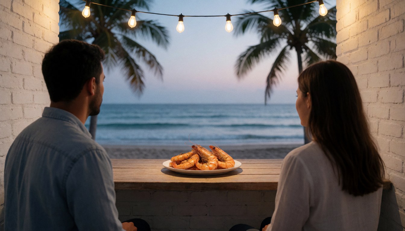 A couple eats shrimp at a table near the ocean with string lights and palm trees in the background.