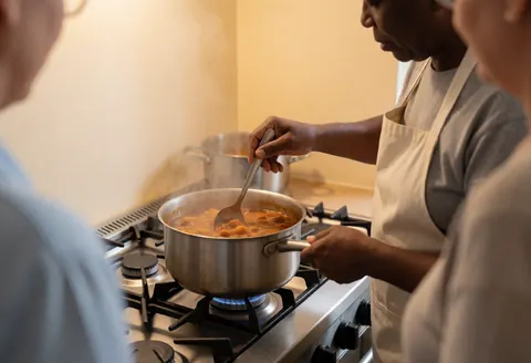 A chef prepares a stew in a kitchen with beige walls while spectators watch the cooking process.