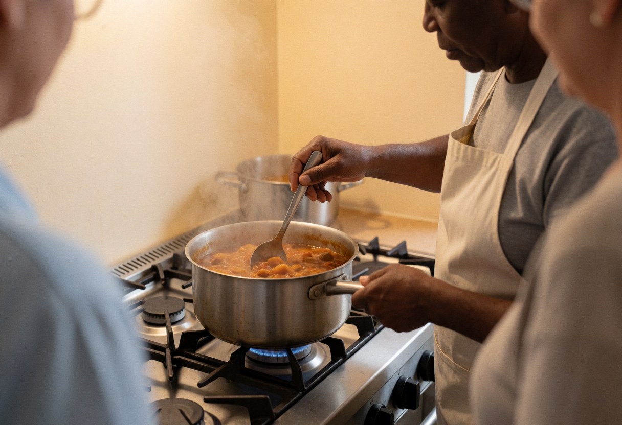 A chef prepares a stew in a kitchen with beige walls while spectators watch the cooking process.