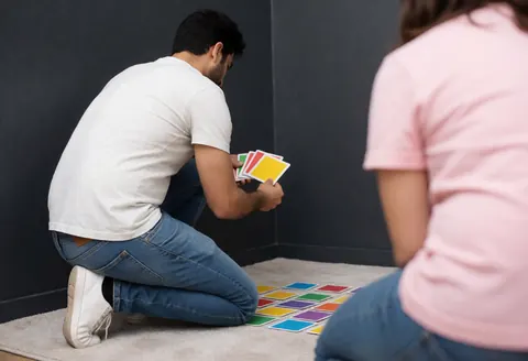 Educator instructing students with colorful flashcards in a classroom setting with gray walls and a soft blanket, creating an engaging learning environment.