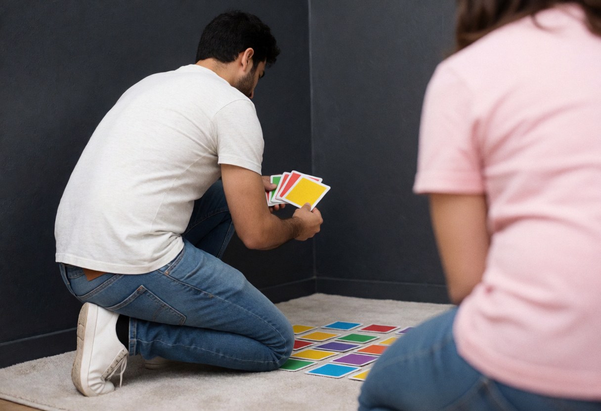 Educator instructing students with colorful flashcards in a classroom setting with gray walls and a soft blanket, creating an engaging learning environment.