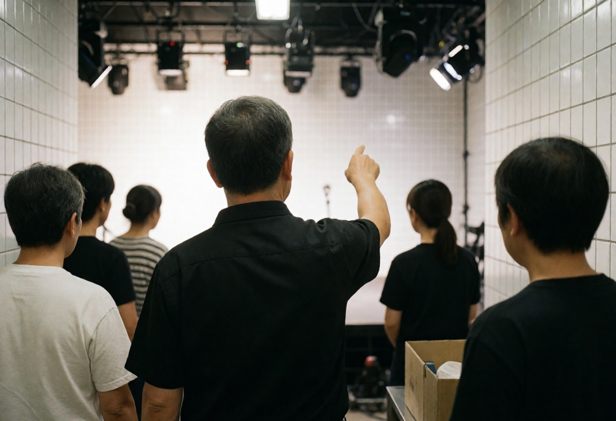 Manager gestures toward an empty stage with professional lighting and white tiled walls while a group of people watch.