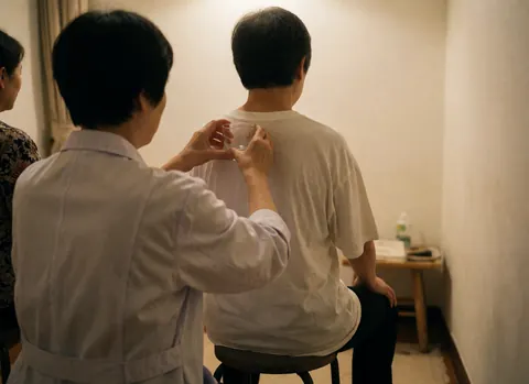 Therapist applying cupping massage on client shoulder in warm lit room