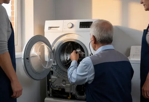 Technician using a stethoscope to diagnose a disassembled front-load washing machine in a service setting with gray walls and warm window light